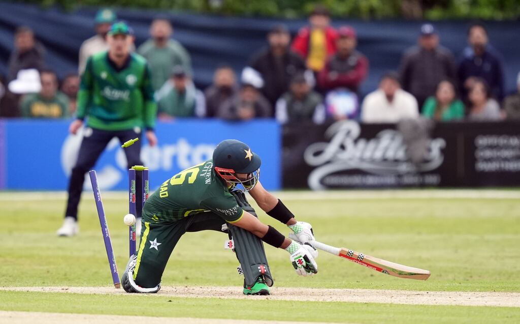 Pakistan's Mohammad Rizwan is bowled by Ireland's Mark Adair during the third T20 international at Castle Avenue in Clontarf. Photograph: Niall Carson/PA Wire