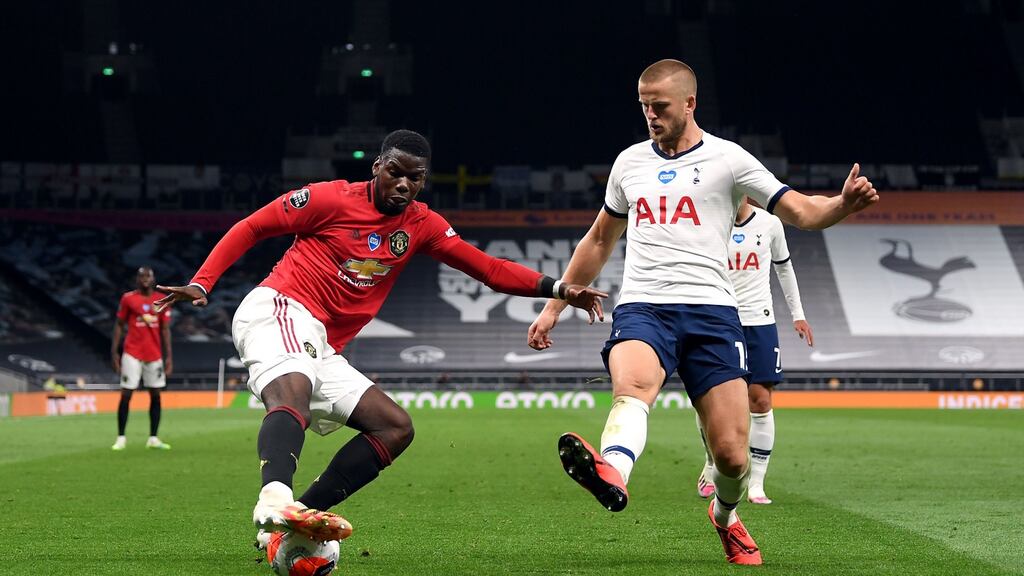 Manchester United’s Paul Pogba in action against Spurs on Friday night. Photograph: PA