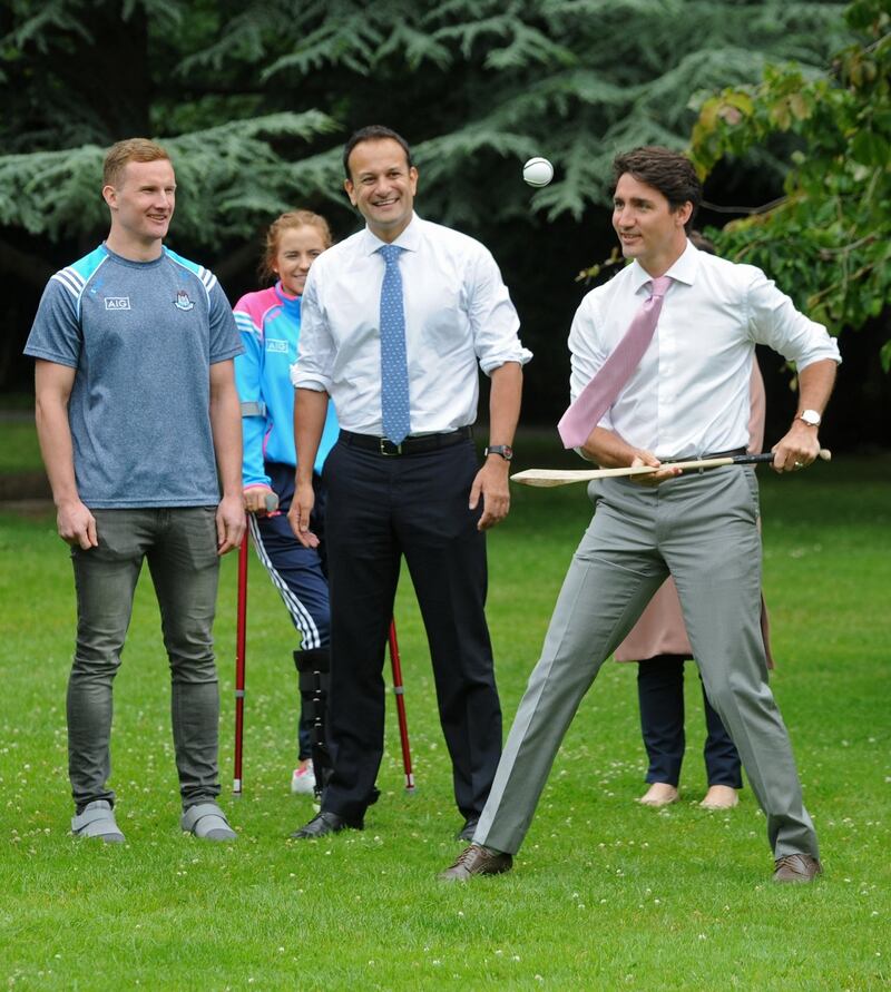 Prime minister Justin Trudeau plays with a hurley during his meeting with Taoiseach Leo Varadkar in 2017. Photograph: Aidan Crawley/EPA