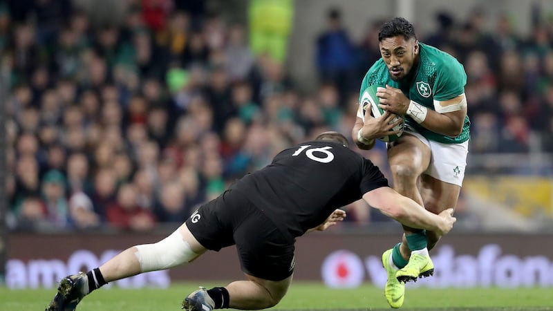 Bundee Aki is tackled by New Zealand’s Dane Coles during Saturday’s Test at the Aviva Stadium. Photograph: Dan Sheridan/Inpho