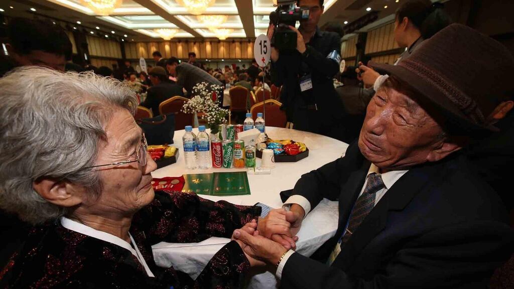 South Korean resident Kim Bok-Lack hugs his North Korean  sister Kim Jeon-Soon, during the reunions of separated families in North Korea. Photograph: KPPA pool/EPA