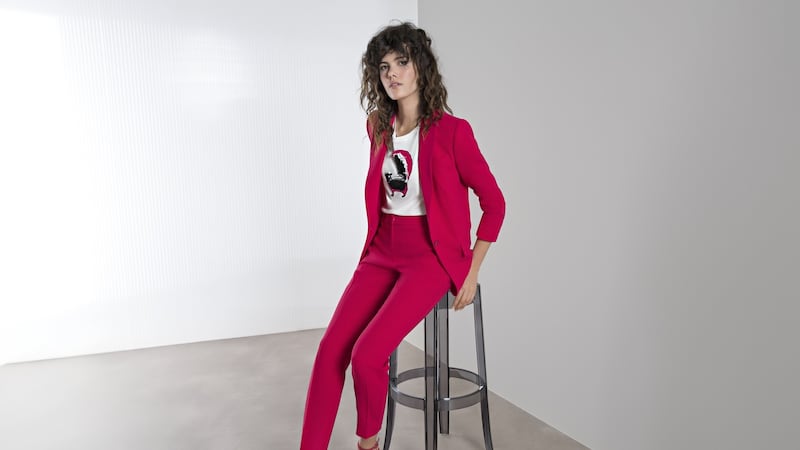 Statement red suit from Marc Cain. Jacket €429, Cigarette Pants €269