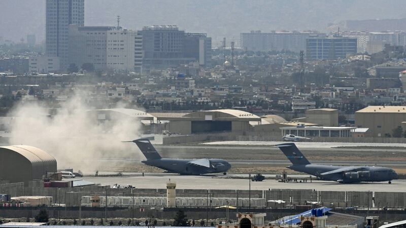A US Air Force aircraft prepares for take-off from the airport in Kabul on Monday. Photograph: Aamir Qureshi/AFP via Getty Images