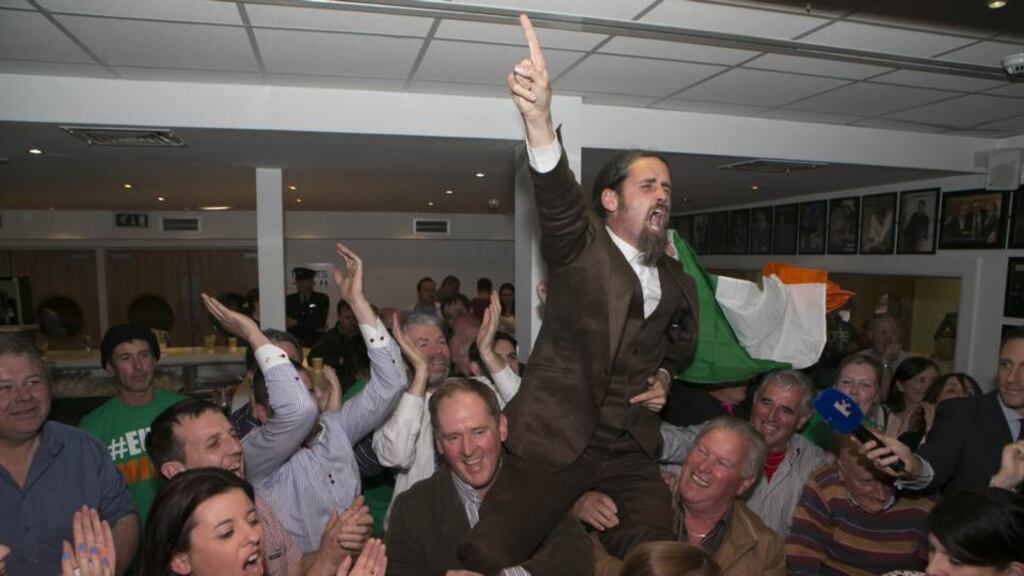 ‘Not only is the turf-cutting issue a very real one for many people, we have also seen in recent elections that the electorate is favourably disposed to Independent candidates.’ Above, Luke ‘Ming’ Flanagan celebrates at the count centre for the European elections earlier this year. Photograph: Keith Heneghan