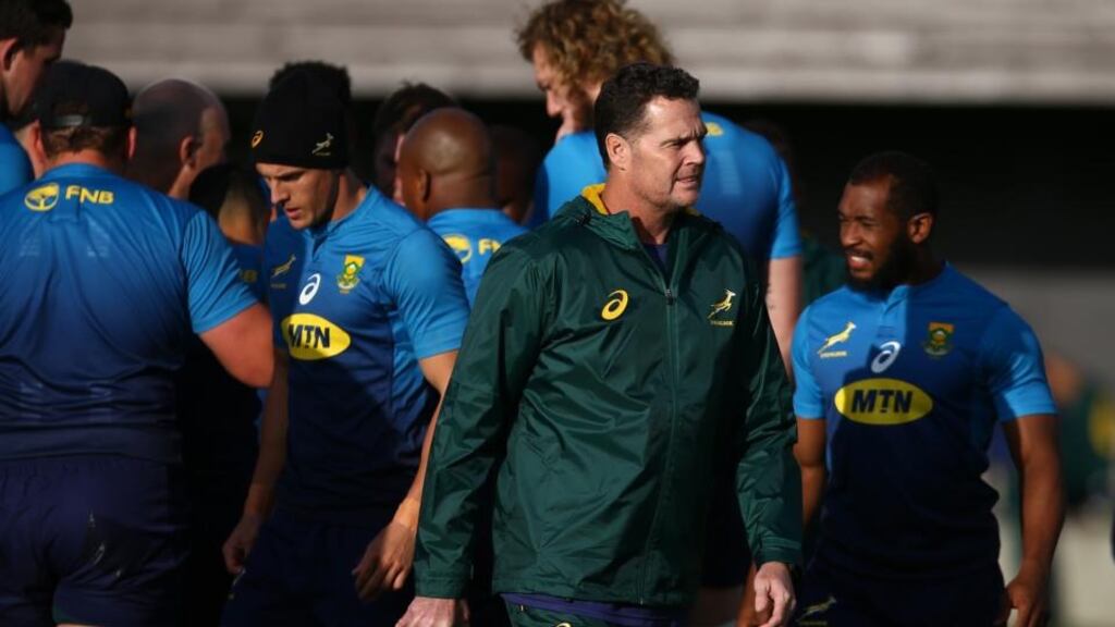 South Africa head coach Rassie Erasmus during a team training session at Latymer Lower School, England, on October 29th. Photograph: Steve Haag/Gallo Images/Getty Images