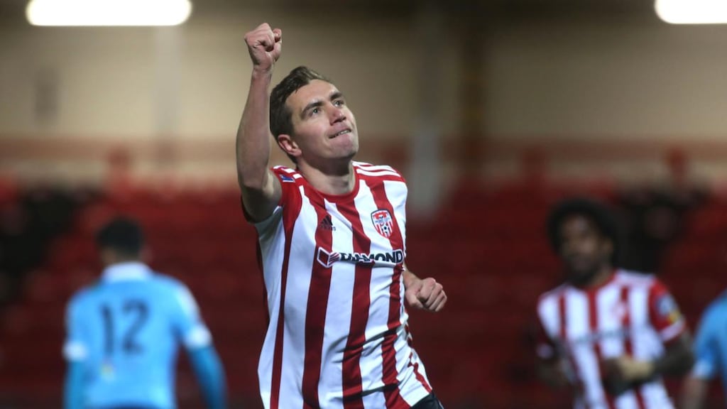 Derry City’s Joe Thomson celebrates scoring a goal during the SSE Airtricity League Premier Division game against Shelbourne at Ryan McBride Brandywell Stadium. Photograph: Lorcan Doherty/Inpho