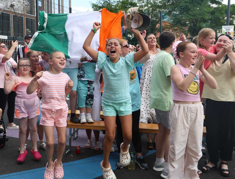 Dublin City Council hosted a special live screening of Kellie Harrington's Olympic quarter-final bout at the Diamond Park Basketball Court in Dublin 1. Photograph: Leah Farrell/RollingNews