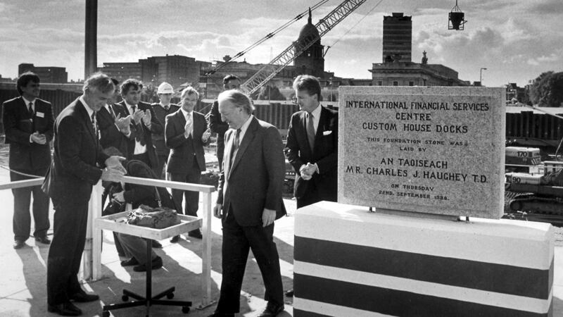 Taoiseach Charles Haughey laying the foundation stone of the International Financial Services Centre (IFSC) at Custom House Dock, Dublin, in September 1988. Photograph: Pat Langan
