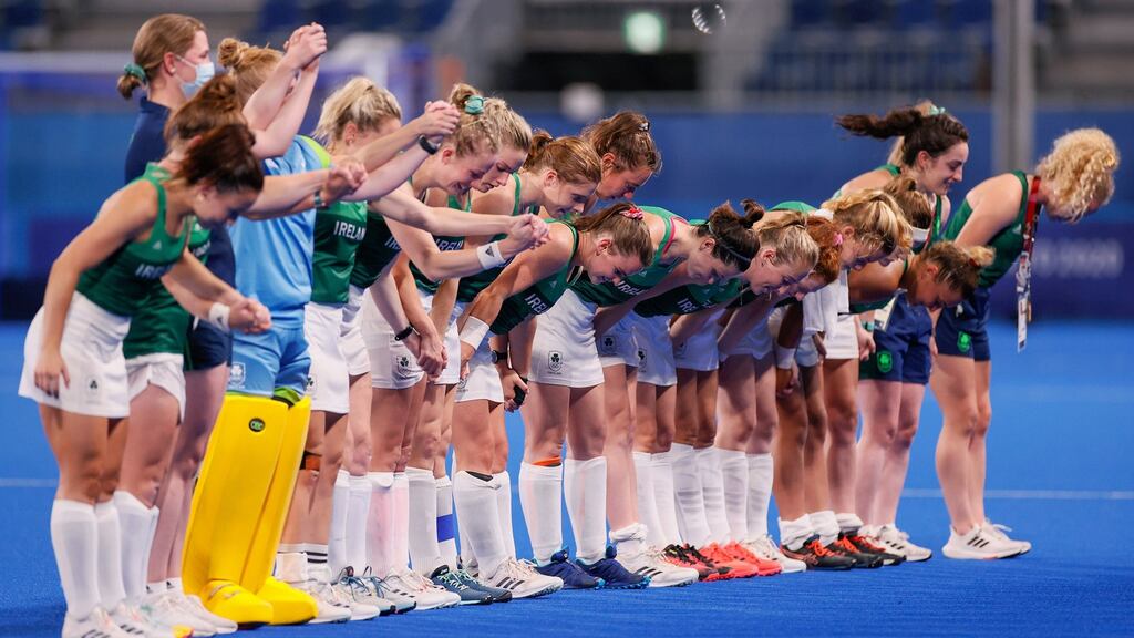 The Ireland players take a bow following the defeat to Britain at the Oi Hockey Stadium in Tokyo. Photograph: Steph Chambers/Getty Images