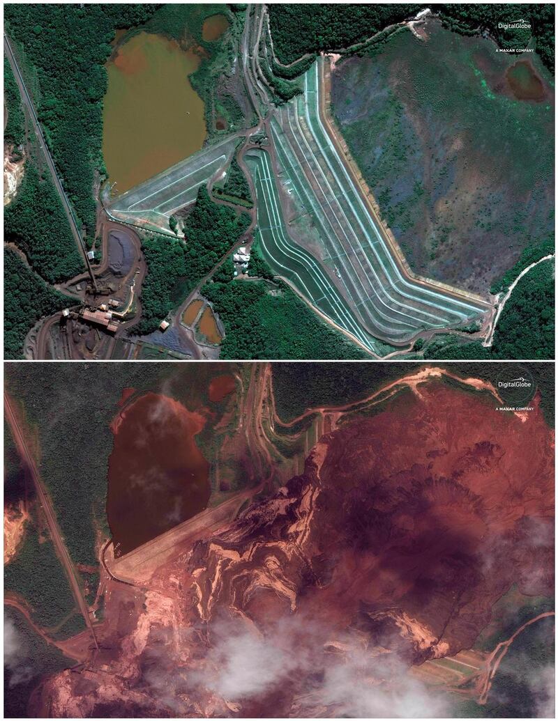 Satellite images show an area northeast of Brumadinho, in June, 2018, top, and below, on Saturday, January 26th, 2019, after the dam burst and the area was flooded with mud. Photograph: DigitalGlobe, a Maxar company/AP