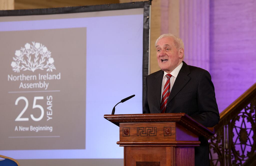 Former taoiseach Bertie Ahern speaking during a ceremony this month to celebrate the 25th anniversary of the Belfast Agreement in the Great Hall at Stormont. Photograph: PA