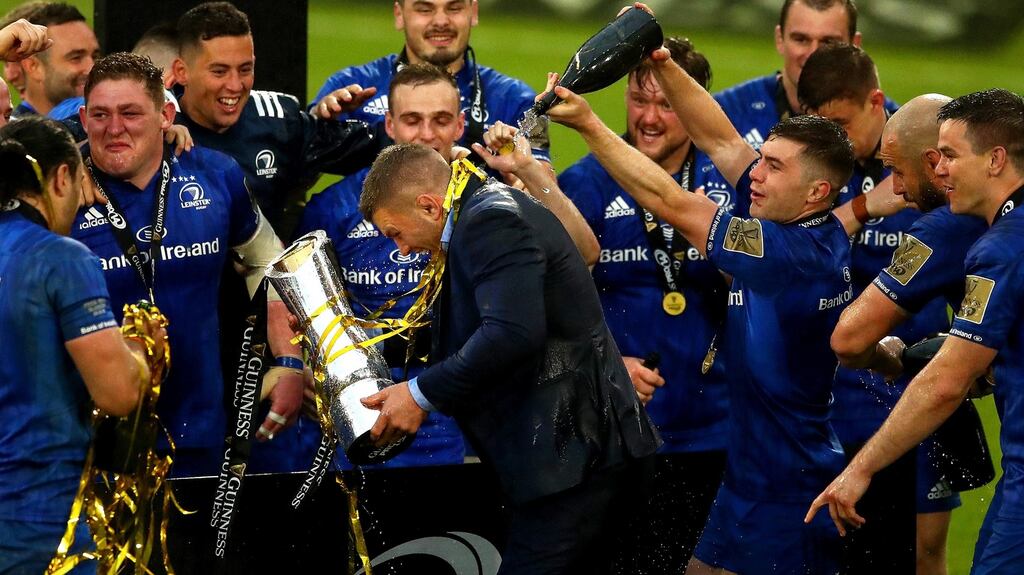 Leinster’s Sean O’Brien celebrates with the Pro14 trophy. Photograph: James Crombie/Inpho