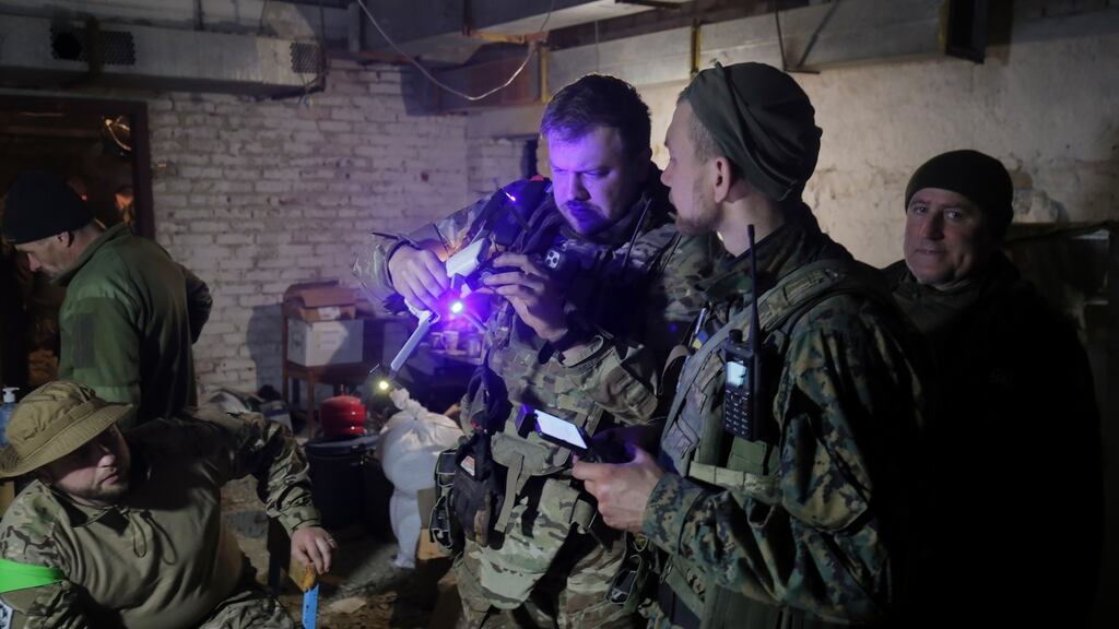 Ukrainian servicemen adjust a drone recently at their position near the city of Izyum, Ukraine. Photograph: EPA/STR