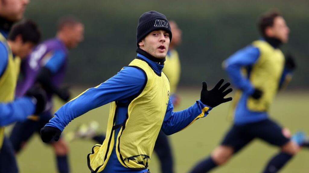 Jack Wilshere during an Arsenal training session ahead of their Uefa Champions League group F match against Napoli. Photograph: Scott Heavey/Getty Images