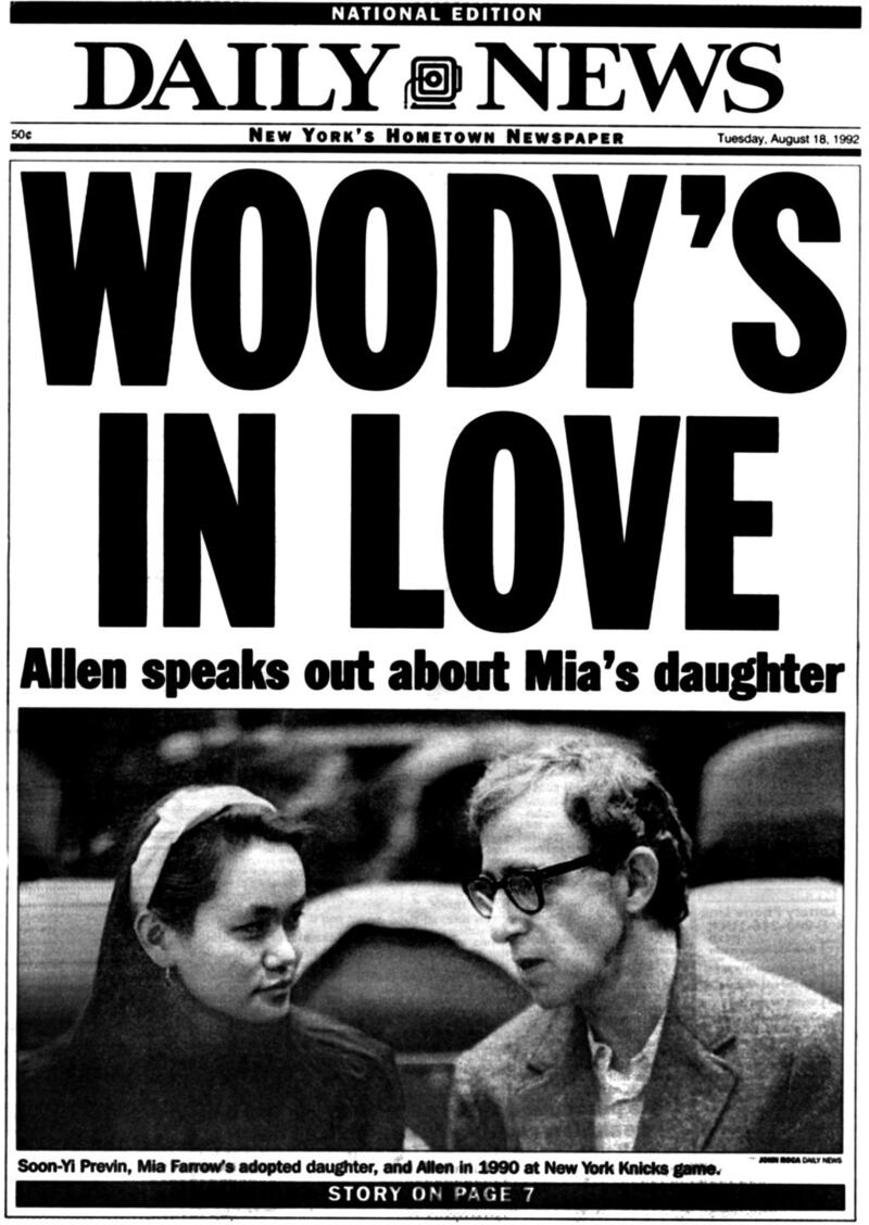 ‘Woody’s in love’: Soon-Yi Previn and Woody Allen on the front of the New York Daily News in 1992. Photograph: Getty