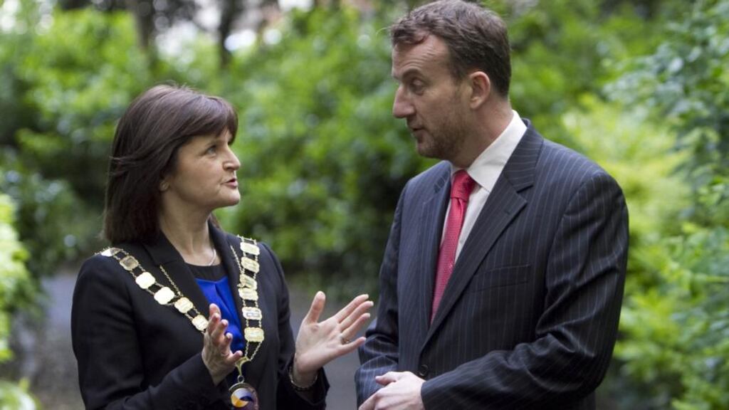 Pauline Daly, newly elected president of the Society of Chartered Surveyors of Ireland, with outgoing president Micheál O’ Connor. Photograph: Colm Mahady/ Fennelss