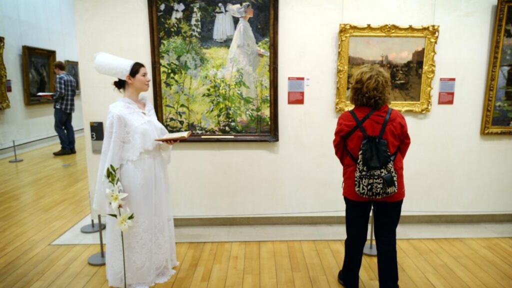 Sinead O’Brien (left) dressed as a convent girl from a painting by William Leech (background) for “Paintings Come to Life” in advance of Culture Night tomorrow at the National Gallery of Ireland. The gallery, one of many cultural institutions involved, will be free to enter and open until 9.30pm. Photograph: Alan Betson