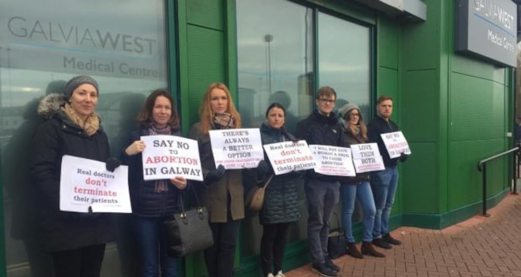 Anti-abortion protesters outside a GP surgery in Galway city on Thursday morning.