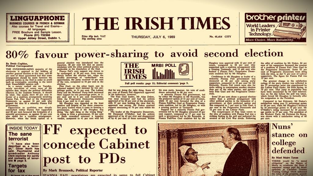 The front page of The Irish Times on July 6th, 1989: ‘80% favour power-sharing to avoid second election’. Photograph: The Irish Times