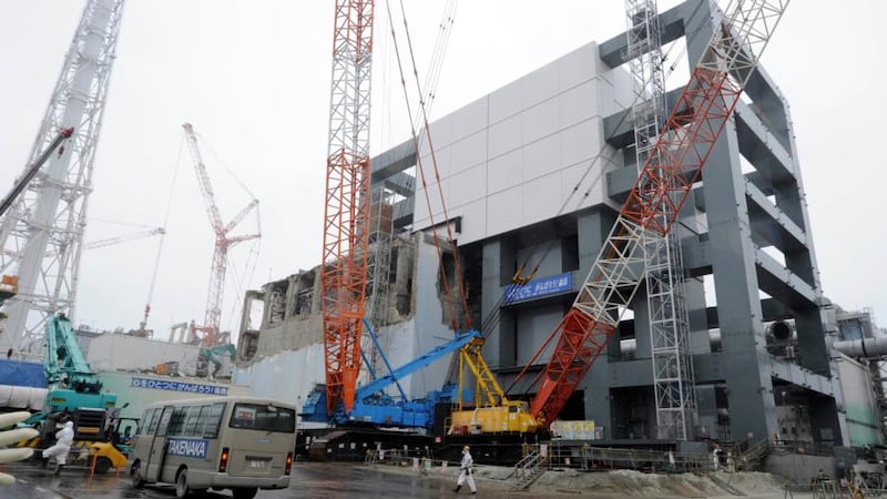 A general view of the cover installation for the spent fuel removed from the cooling pool at the No.4 reactor building. Photograph: Toshifumi Kitamura/Pool/Reuters