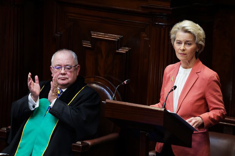 European Commission president Ursula von der Leyen addresses the joint sitting of the Houses of the Oireachtas. Photograph: Maxwells