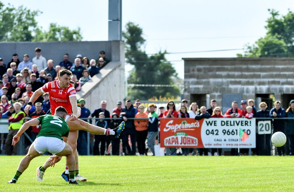 Sam Mulroy scores Louth's first goal during the All-Ireland SFC Round 1 game against Meath at Grattan Park, Inniskeen. Photograph: