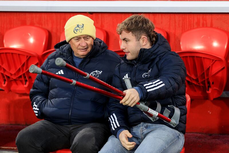 Munster performance consultant Chris Boyd and Craig Casey at Thomond Park, Limerick, for the game against Saracens on January 11th, 2025. Photograph: Dan Sheridan/Inpho