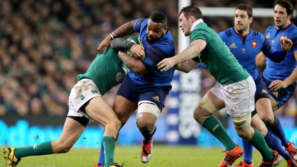 Jared Payne and Peter O’Mahony of Ireland with Mathieu Bastareaud of France: Ireland made no line breaks, scored no tries but still won the game at the Aviva Stadium last week. Photograph: Ryan Byrne/Inpho