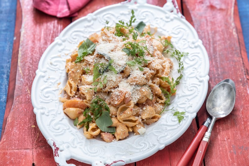 Conchiglioni primavera with goat’s cheese.
