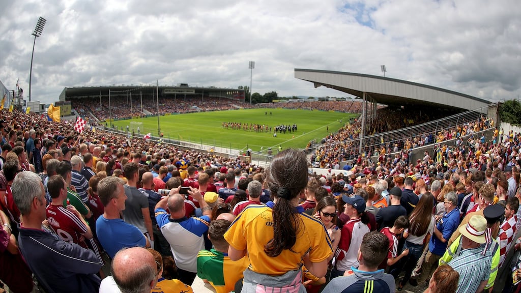 The teams parade at Semple Stadium ahead of the 2018 All-Ireland hurling semi-final replay between Clare and Galway. Photograph: Bryan Keane/Inpho