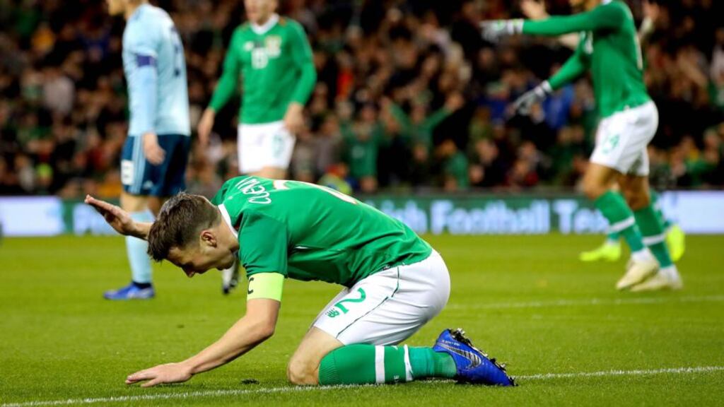 Ireland’s Séamus Coleman reacts during the friendly draw with Northern Ireland. Photo: Ryan Byrne/Inpho
