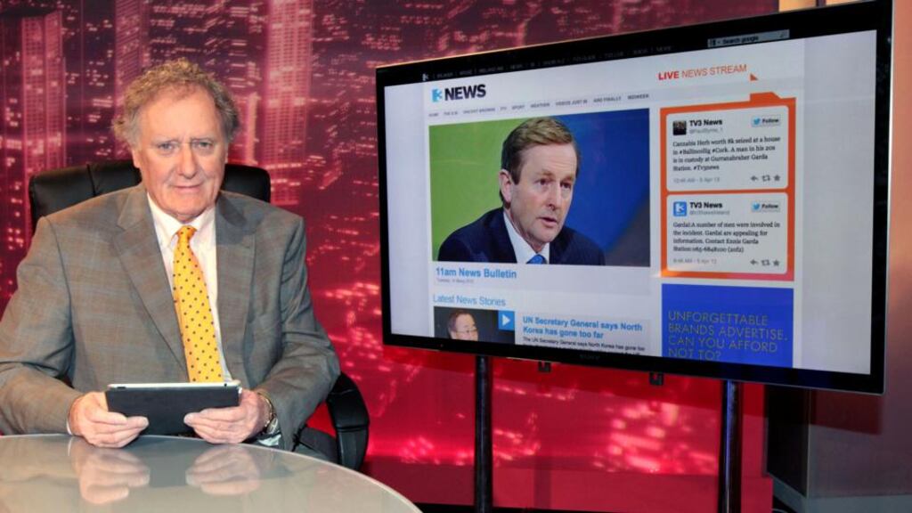 Vincent Browne in TV3's Dublin studio side by side with an image of Enda Kenny on the company's website