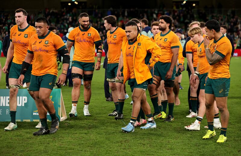 Australian players after the defeat to Ireland at the Aviva Stadium. Photograph: David Rogers/Getty Images
