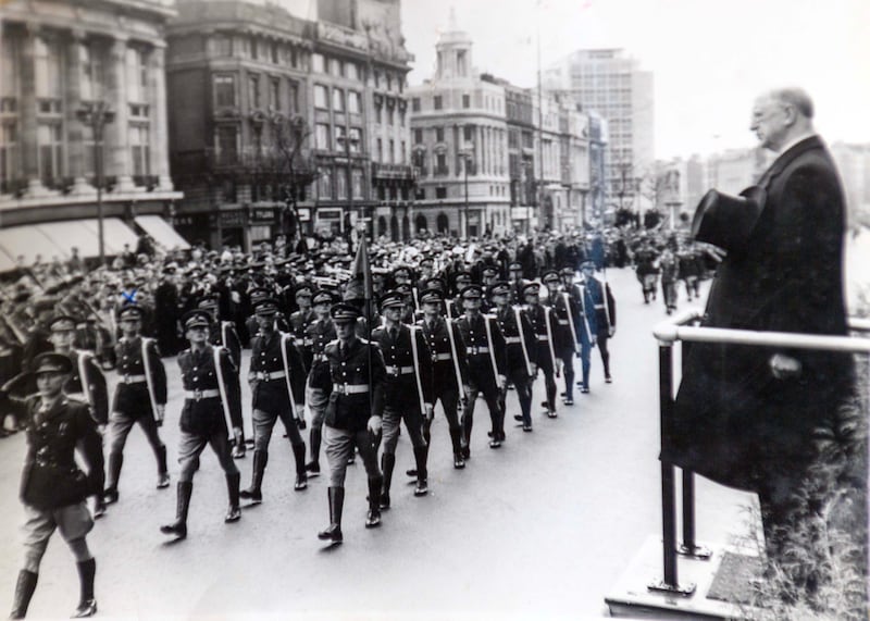 De Róiste's Army unit parading in front of president Éamon de Valera .
Photograph supplied by Daragh McSweeney/Provision