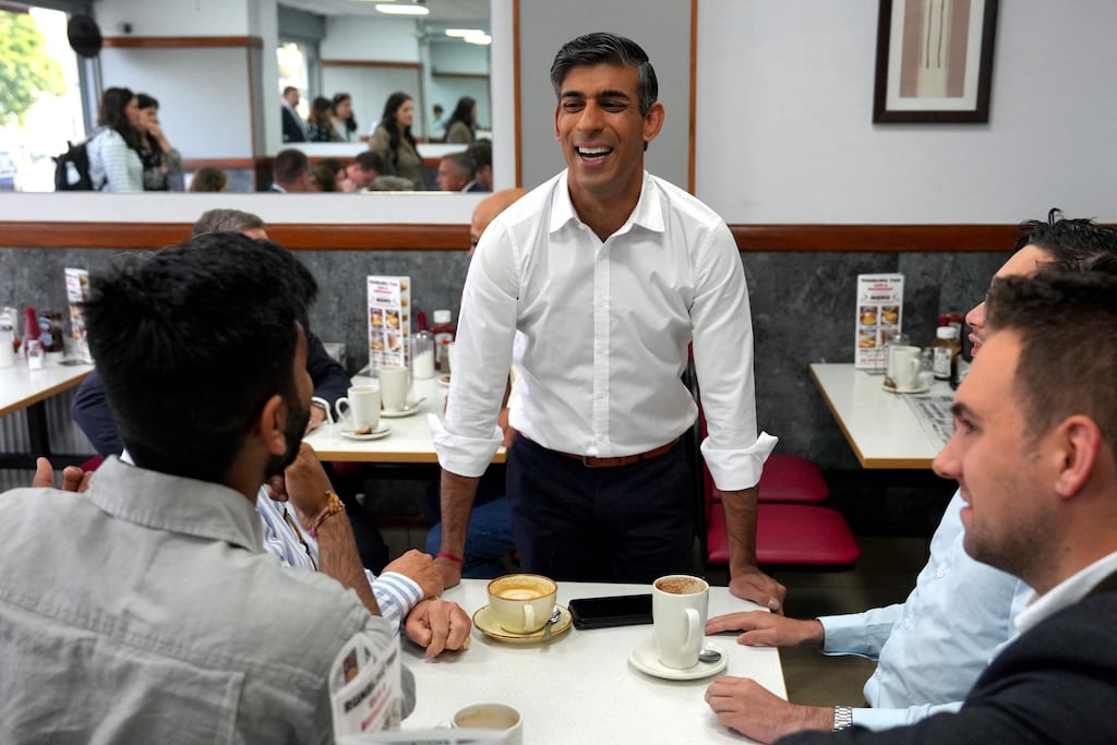 UK prime minister Rishi Sunak with Conservative party members and supporters at a cafe in Ruislip on July 21st after a by-election in the London constituency of Uxbridge and South Ruislip. Photograph: Carl Court/Pool/AFP via Getty