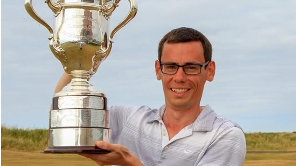 Rosslare’s Ian Lynch celebrates after winning the North of Ireland Championship at Royal Portrush.