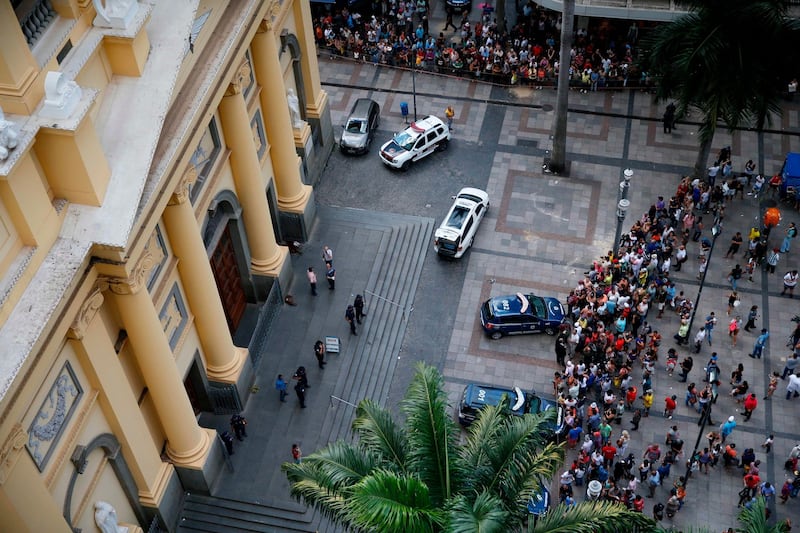 Aerial view showing people gathering outside the Cathedral of Campinas Photograph: Ari Ferreira/AFP/Getty