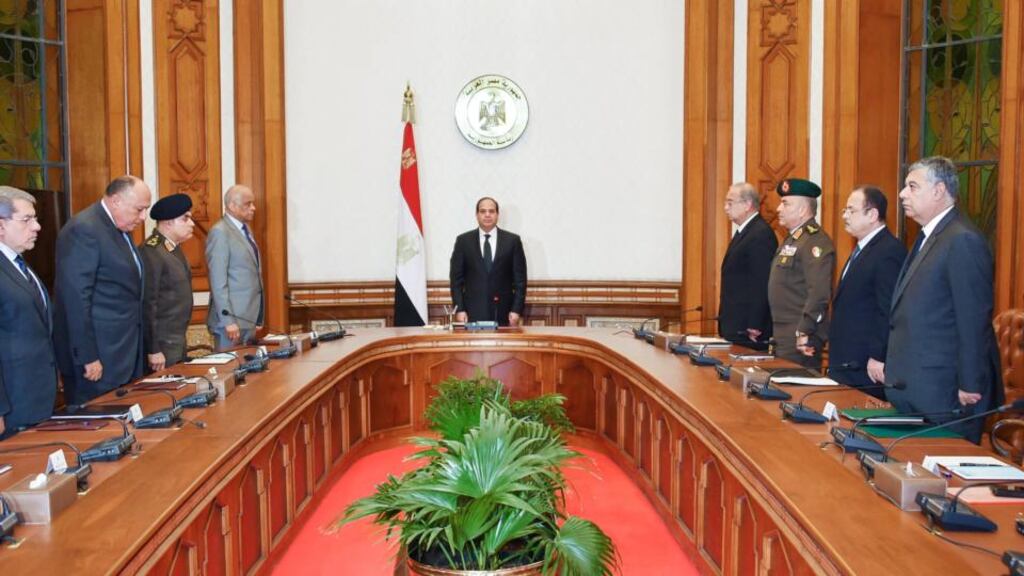 Egyptian president Abdel Fattah al-Sisi chairs a meeting of the National Defence Council in the Cairo. He has declared a three-month state of emergency after twin church bombings. Photograph: Getty/AFP