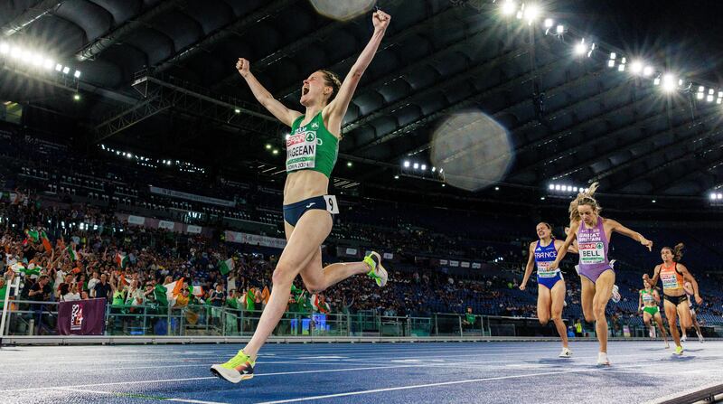 Ireland’s Ciara Mageean celebrates winning gold in the women's 1,500m final at the European Championships in Rome in June. Photograph:Morgan Treacy/Inpho