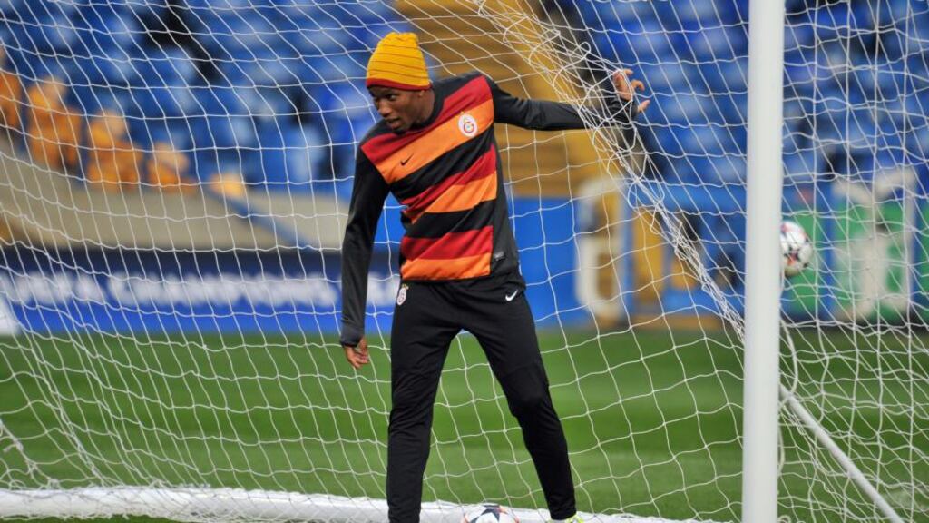 Galatasaray striker Didier Drogba attends a club training session at Stamford Bridge, London. Chelsea play against the Turkish side in the last 16 second-leg match this evening. Photograph: EPA/Facundo Arrizabalaga