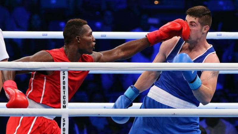 Julio La Cruz and Ireland’s Joe Ward at the 2017 AIBA World Boxing Championships final in Hamburg, Germany. Photograph: Inpho