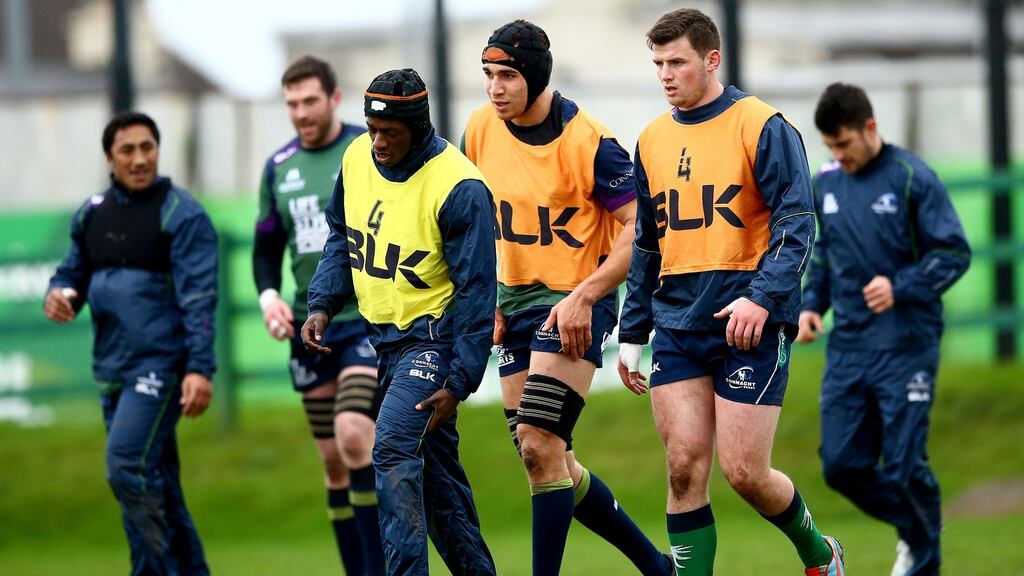 Niyi Adeolokun, Ultan Dillane and Eoghan McKeon ahead of this weekend’s trip to Scarlets. Photograph: James Crombie/Inpho