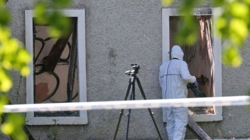 Gardaí at the scene at a derelict house and farmyard on the Clonee Road, Lucan where the body of Anastasia ‘Ana’ Kriegel was found. Photograph: Collins