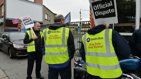 Dublin Bus workers on the picket at Coyningham bus depot as the first of a series of planned 48-hour work stoppages gets underway. Photograph: Alan Betson