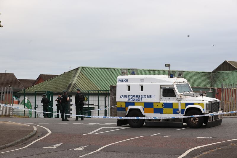 Officers from the PSNI at the scene following a shooting at the clubhouse of Donegal Celtic Football Club, in west Belfast. Photograph: Liam McBurney/PA