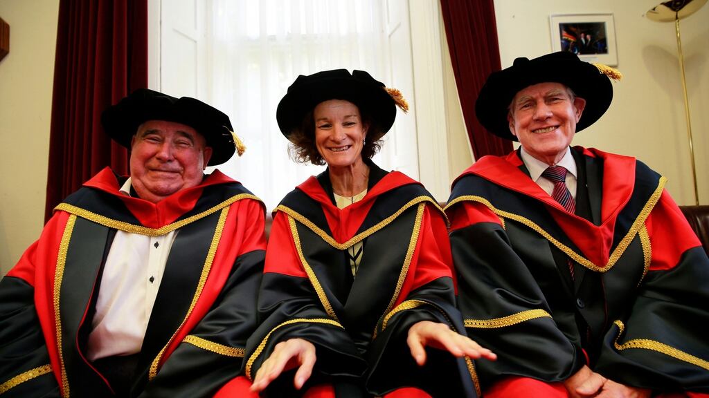 Professor John Coolahan, Sonia O’Sullivan and Labhrás Ó Murchú at the ceremony in DCU where they were awarded Honorary Doctorates. Photograph: Nick Bradshaw