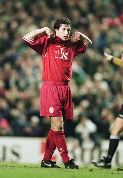 Robbie Fowler of Liverpool shows his support for the dockers strikes during the European Cup Winners Cup quarter-final match against SK Brann played at Anfield, in Liverpool, England. Liverpool won the match 3-0. Photograph: Michael Cooper/Allsport