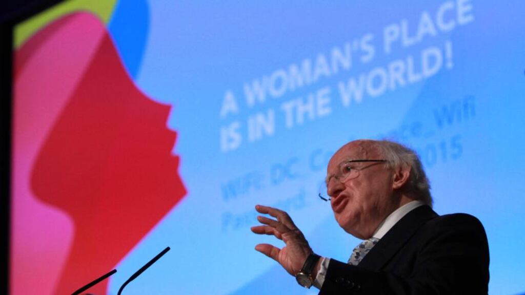 President Michael D Higgins addressing the gender equality conference A Woman’s Place is in the World! Mr Higgins told the conference he had accepted an invitation from the UN to join its HeforShe campaign. Photograph: Nick Bradshaw/The Irish Times