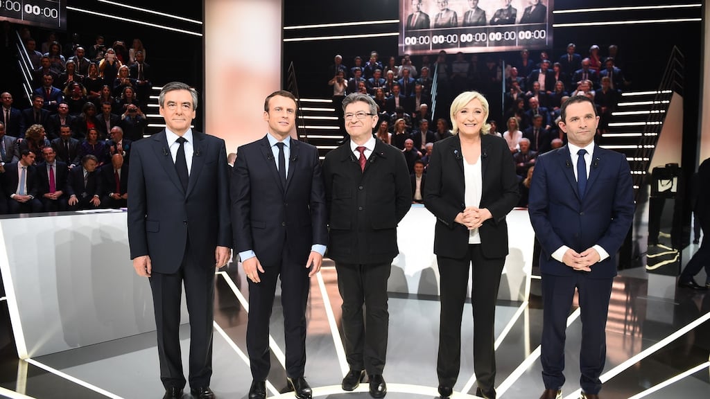 French presidential candidates (L-R): Francois Fillon, Les Republicains; Emmanuel Macron of En Marche!; Jean-Luc Melenchon, far-left coalition La France; Front National’s Marine Le Pen; and French Socialist party Benoit Hamon. Photograph: Eliot Blondet/AFP/Getty Images