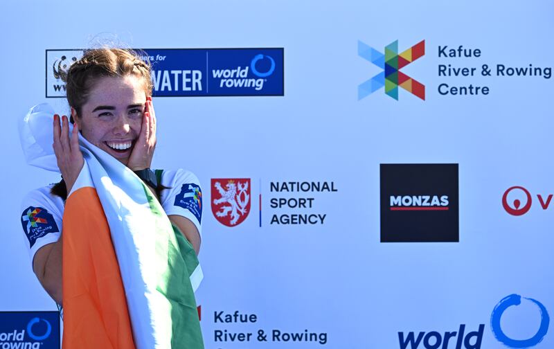 Katie O’Brien celebrates winning a gold medal in the Womens PR2 singles final at the 2022 World Rowing Championships in Račice, Czech Republic. Photograph: Detlev Seyb/Inpho